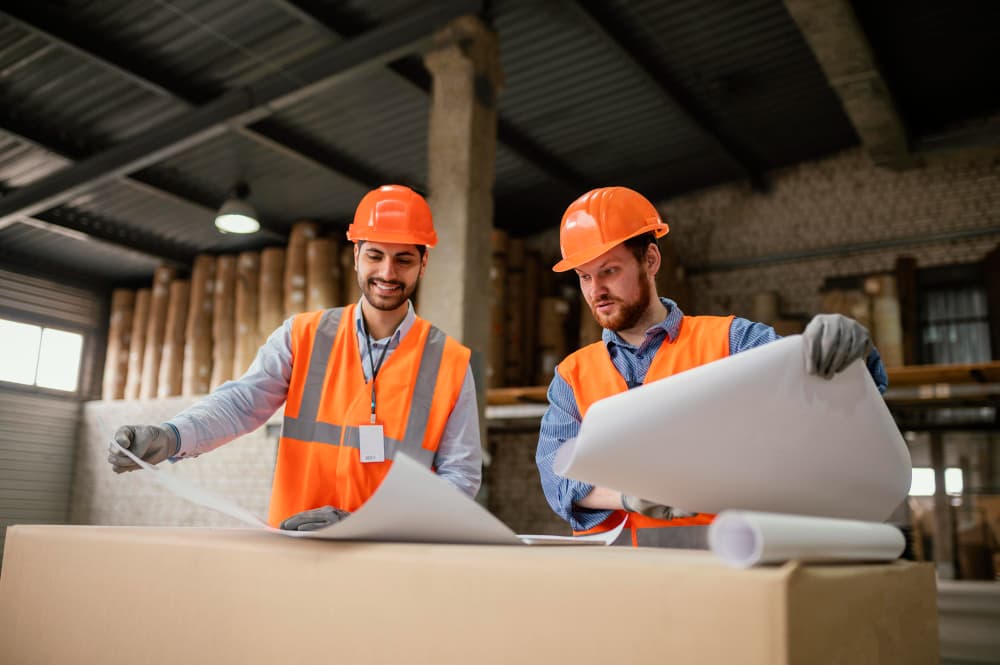 Construction workers happily looking at schematics